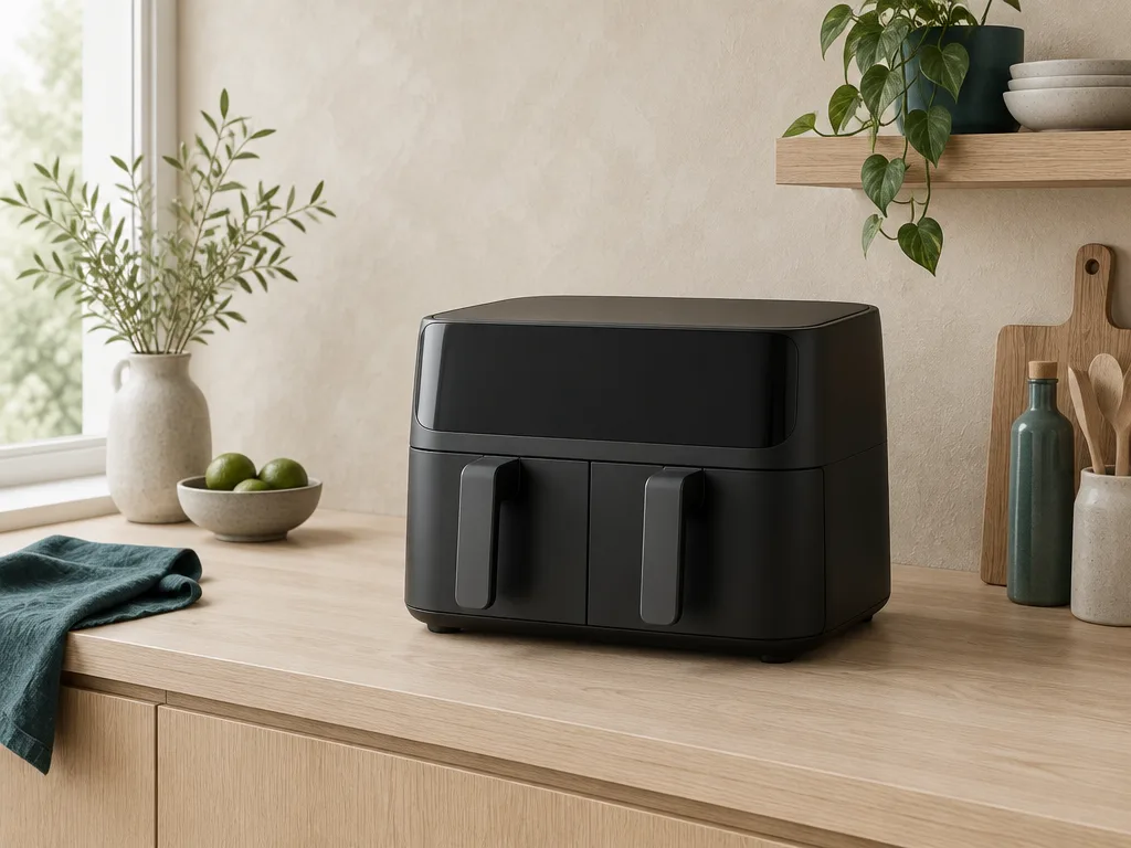 En svart airfryer med två lådor på en bänk av ljus ek mot en kalkputsad vägg