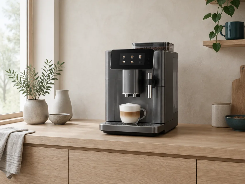 En helautomatisk kaffemaskin med en kopp cappuccino på en bänk av ljus ek mot en kalkputsad vägg
