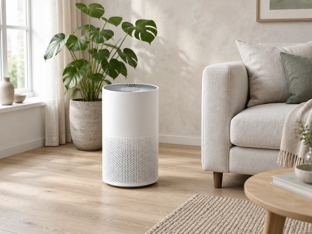 En vit cylindrisk luftrenare på ett ekgolv bredvid en ljus soffa och en monstera i ett ljust vardagsrum
