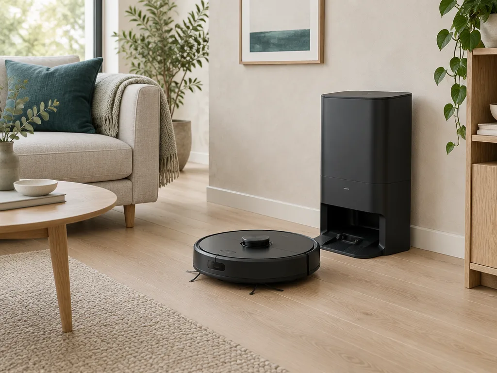 En svart robotdammsugare framför sin basstation på ett ljust trägolv i ett vardagsrum