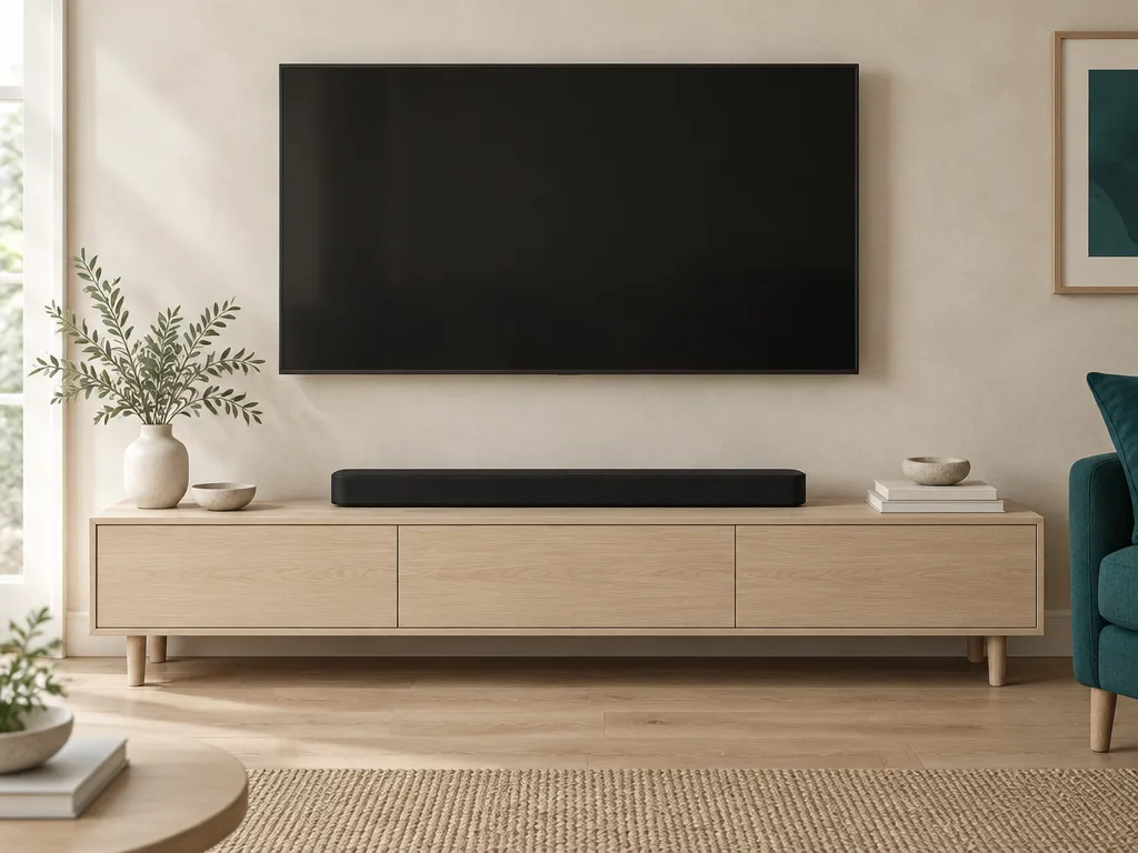 En svart soundbar på en TV-bänk i ljus ek framför en kalkad vägg