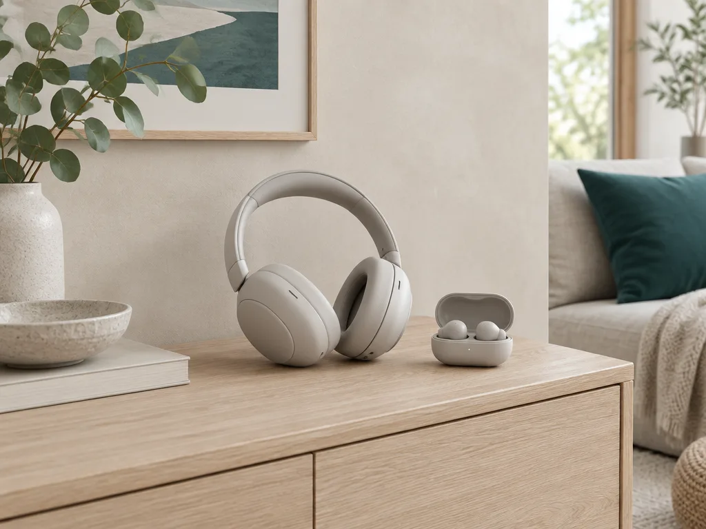 Ljusa over-ear-hörlurar och ett öppet laddningsfodral med trådlösa in ear-lurar på en sideboard av ljus ek