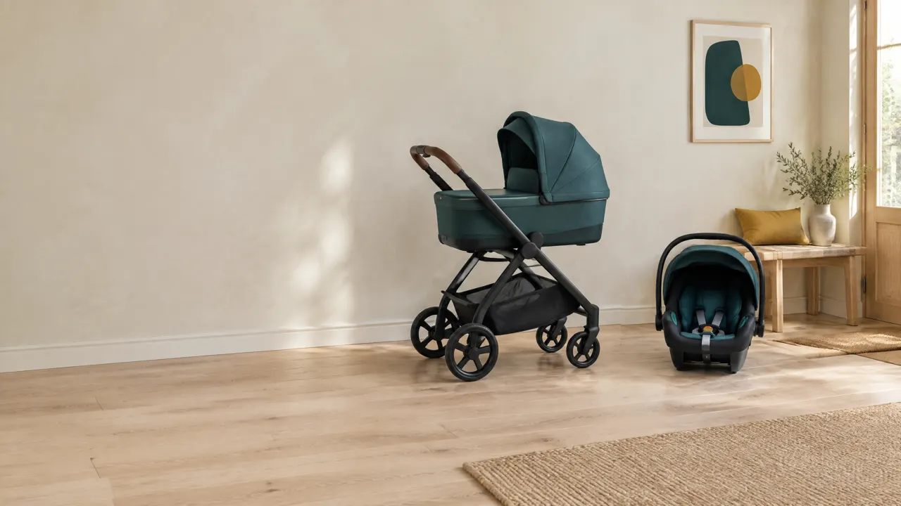 Ljus hall med en grön barnvagn och ett babyskydd på golvet framför en bänk