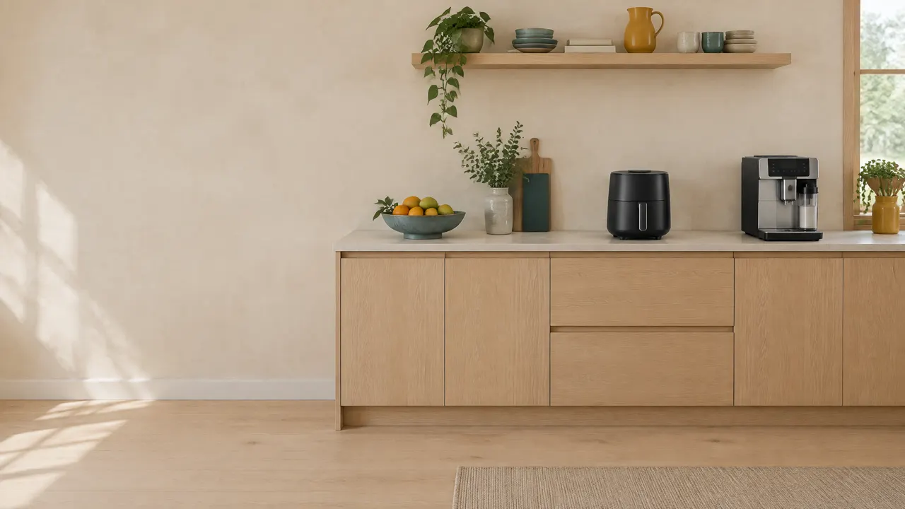 Köksbänk i ljus ek med en svart airfryer och en kaffemaskin i rostfritt