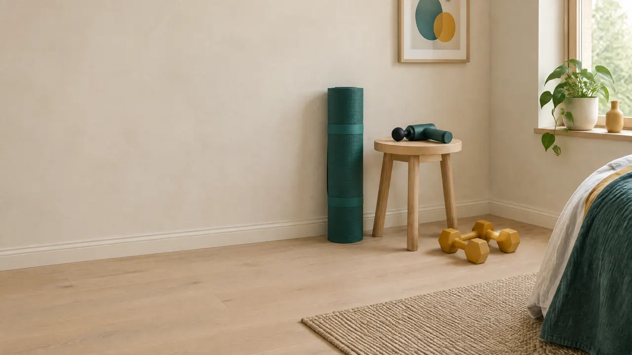 Träningshörna med en grön yogamatta, en massagepistol på en pall och två gula hantlar