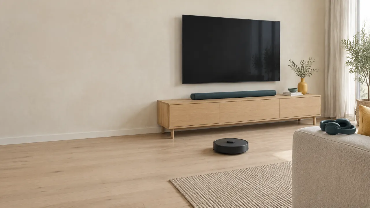 Vardagsrum med en soundbar på tv-bänken, en robotdammsugare på golvet och hörlurar på soffan